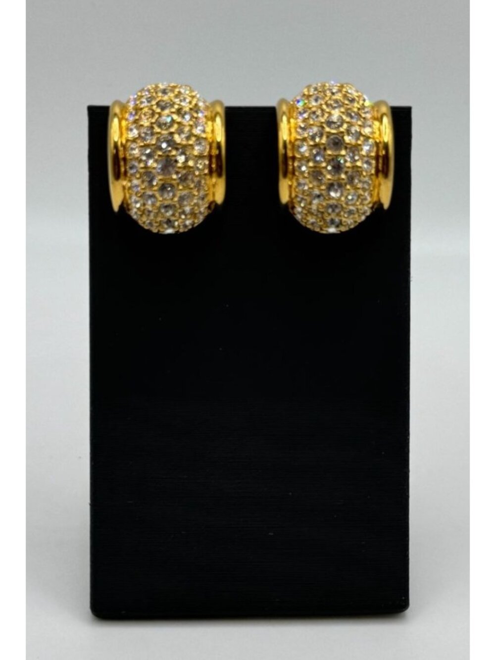 Swarovski Crystal Pave Dome Clip on Earrings Huggie Sparkle Statement Gold Tone